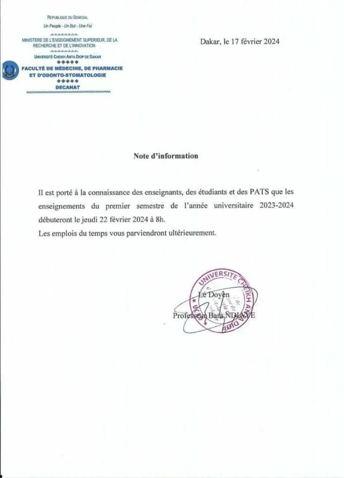 Ucad- Faculté de Médecine : les cours débuteront le 22 février prochain