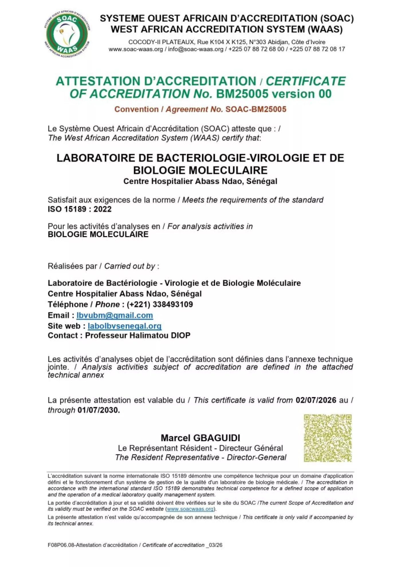 accréditation ISO Labo Abbass Ndao